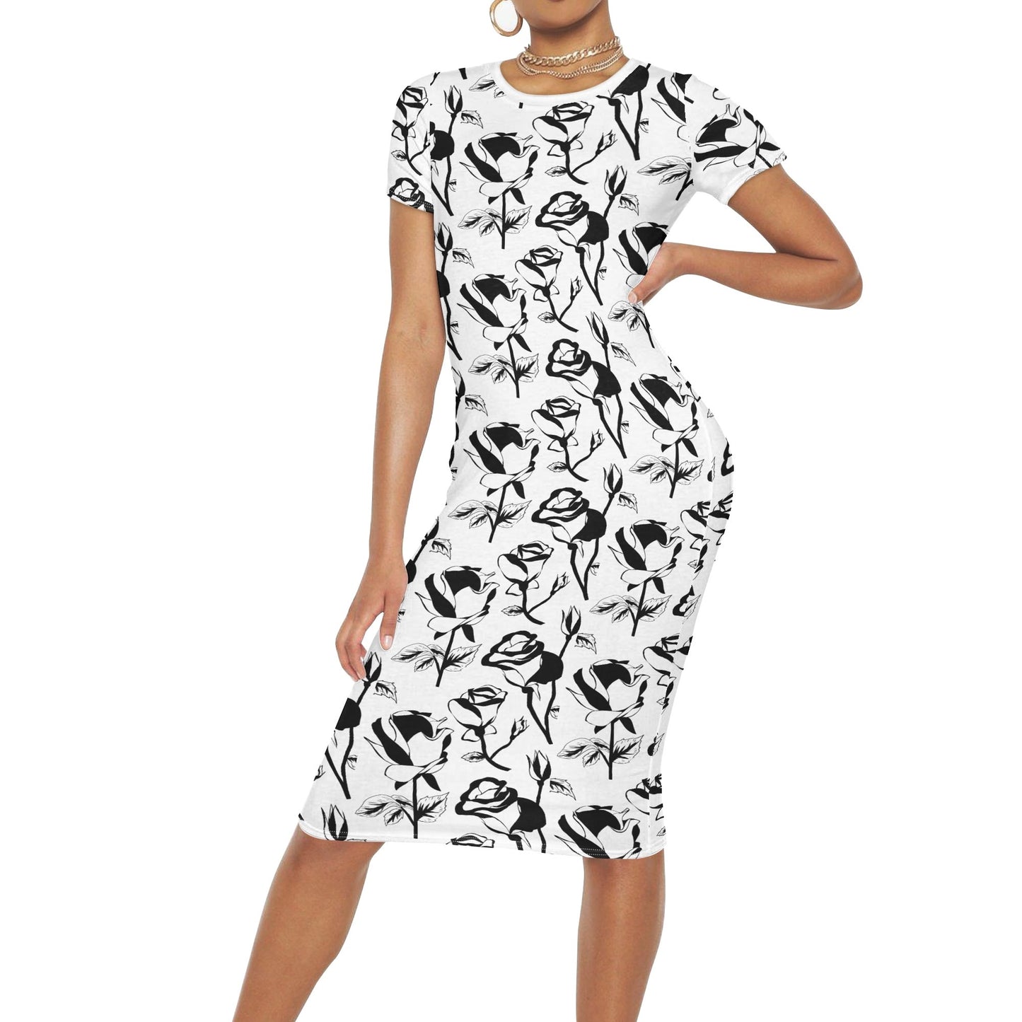 Black and White Floral Short Sleeve Casual Long Dresses