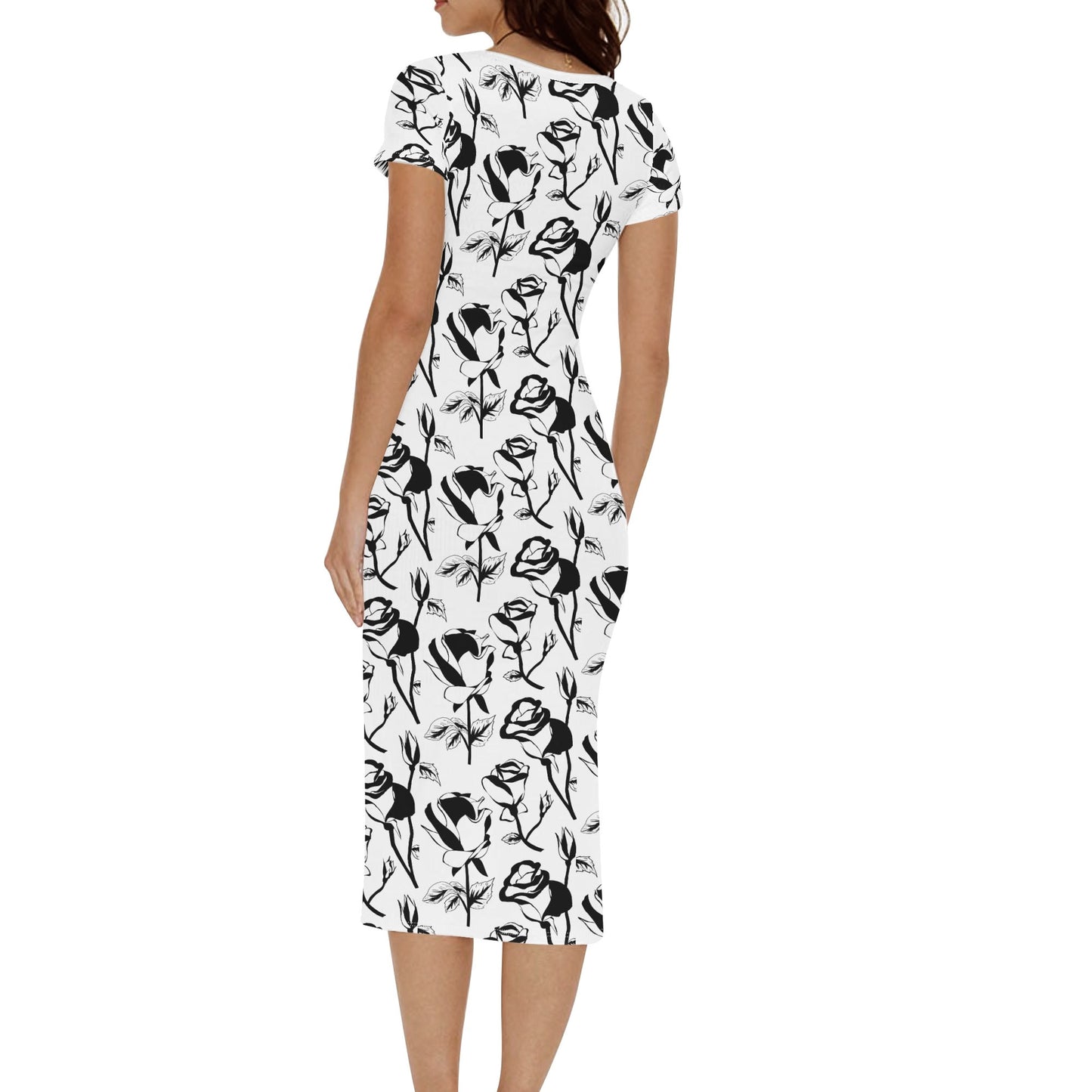 Black and White Floral Short Sleeve Casual Long Dresses