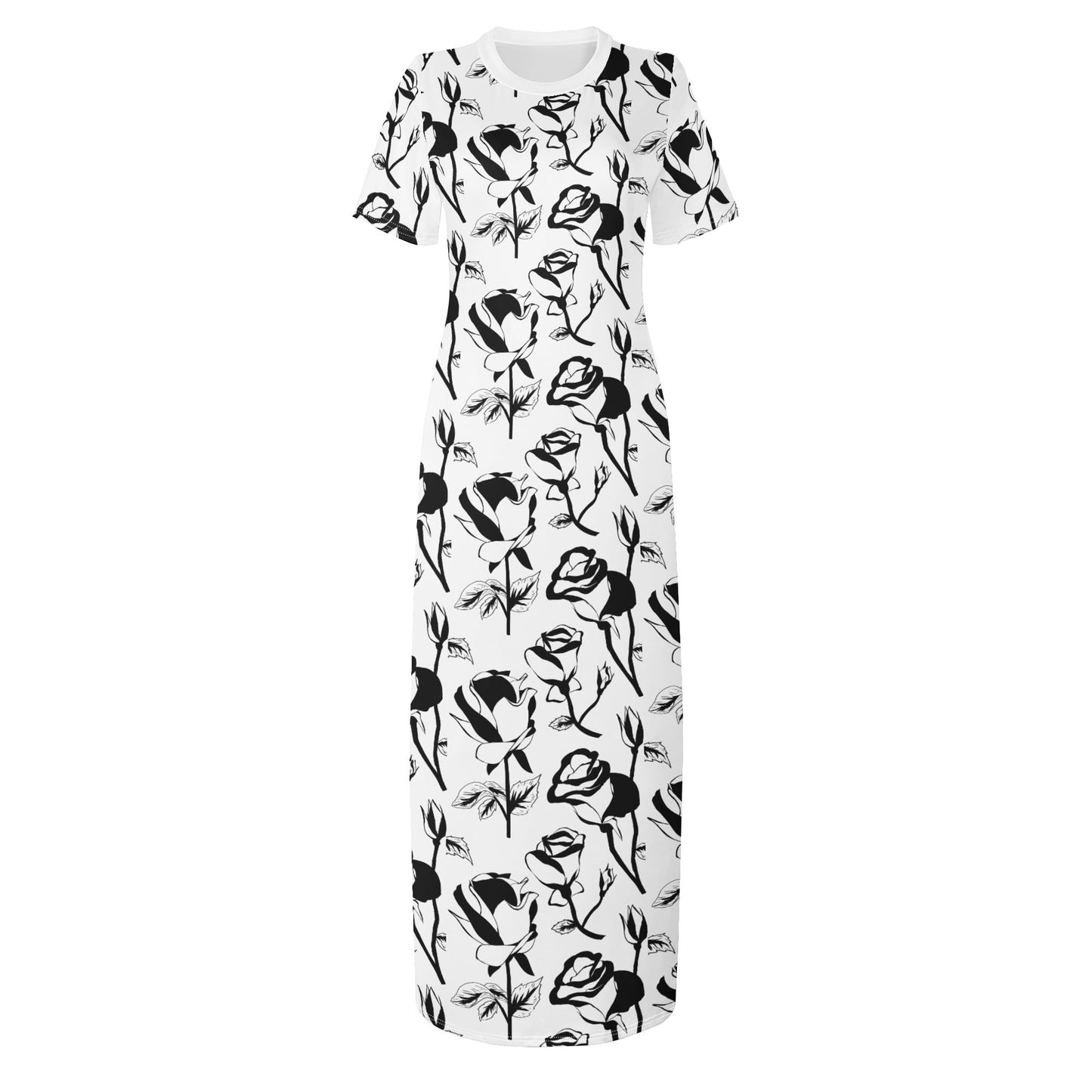 Black and White Floral Short Sleeve Casual Long Dresses