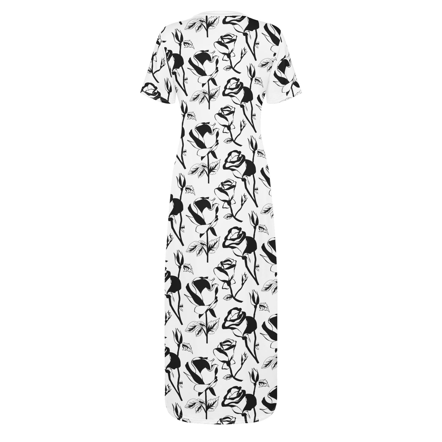 Black and White Floral Short Sleeve Casual Long Dresses