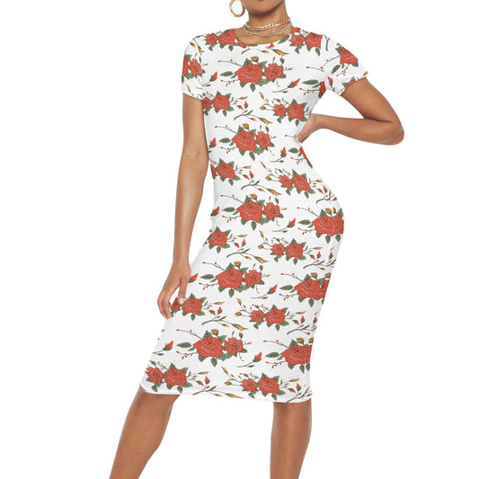 Red Roses Floral Short Sleeve Casual Long Dresses