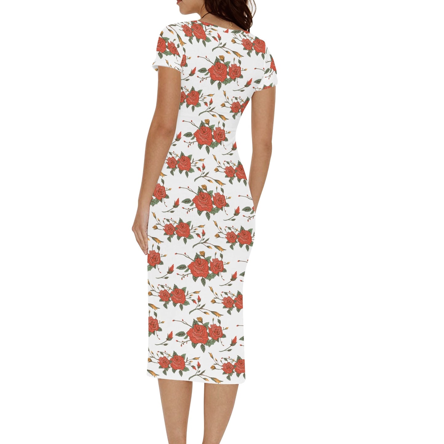 Red Roses Floral Short Sleeve Casual Long Dresses