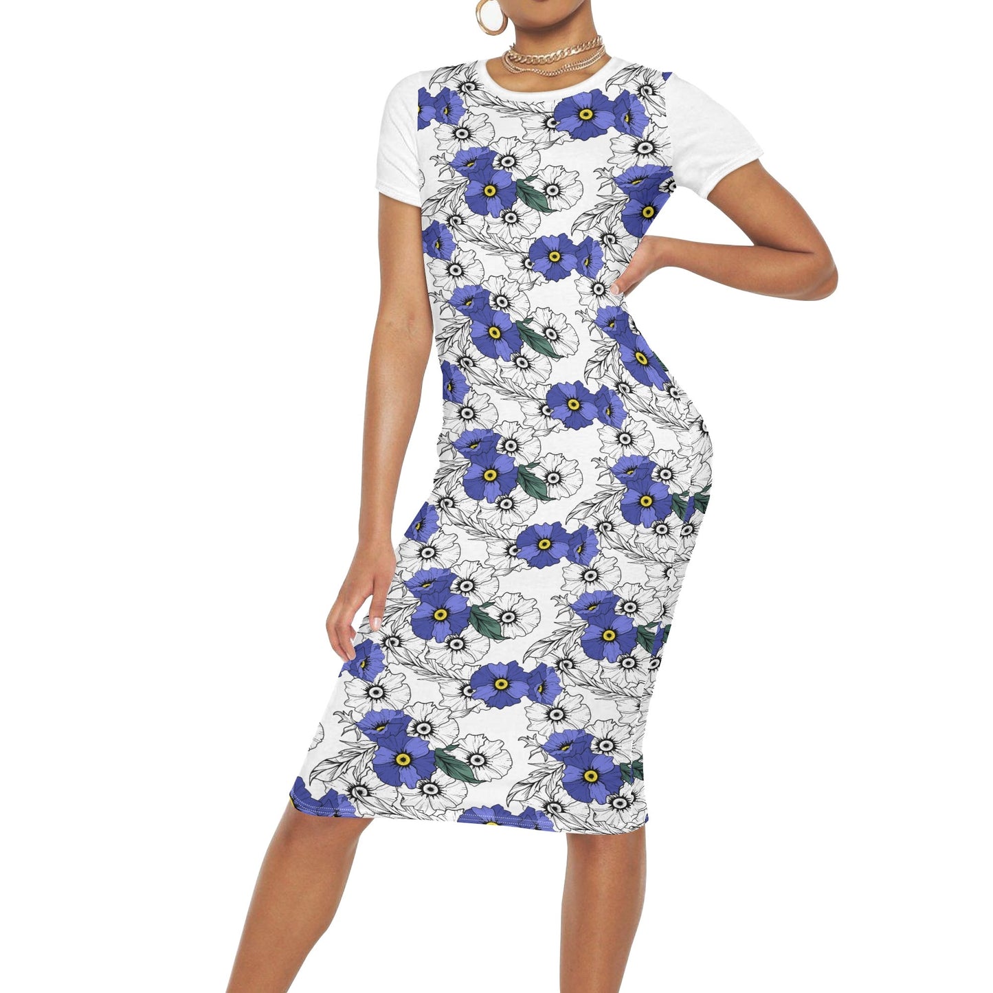 Blue Floral Short Sleeve Casual Long Dresses