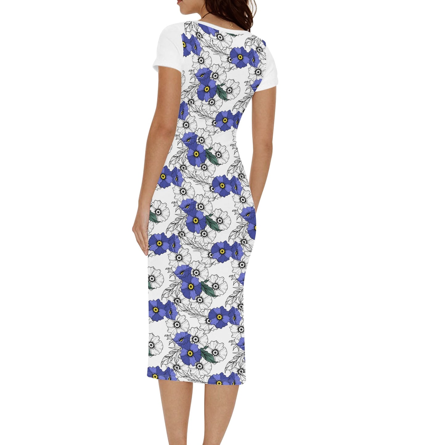 Blue Floral Short Sleeve Casual Long Dresses