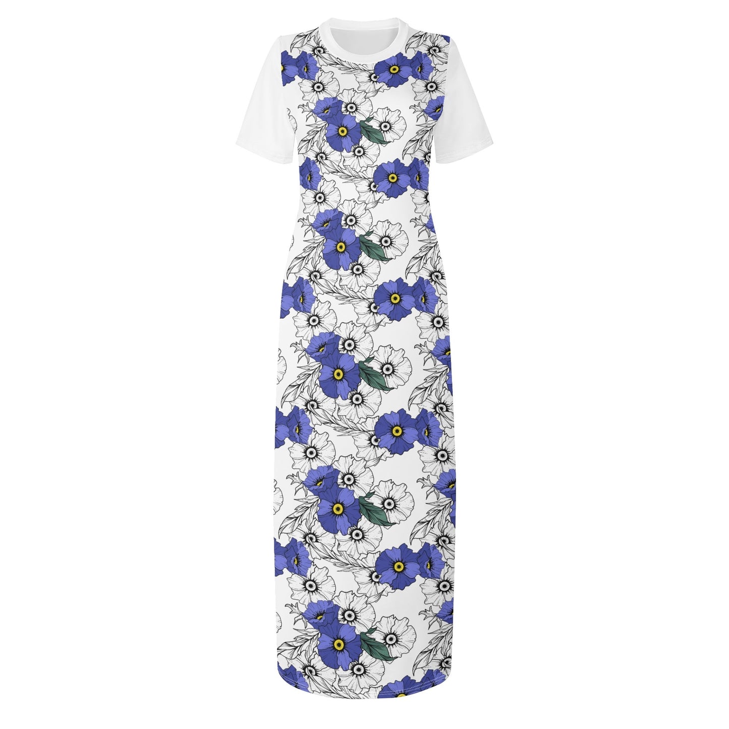 Blue Floral Short Sleeve Casual Long Dresses