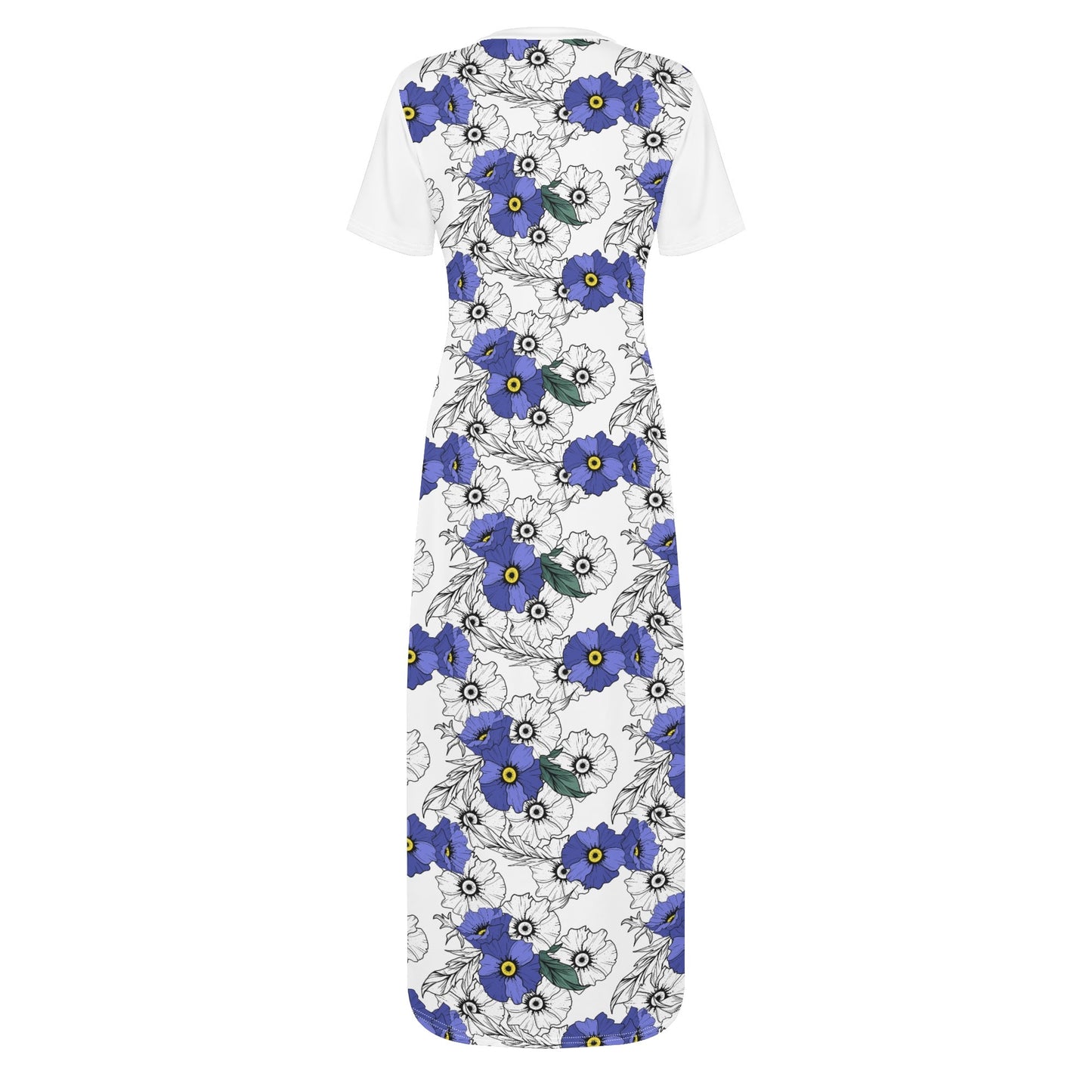 Blue Floral Short Sleeve Casual Long Dresses