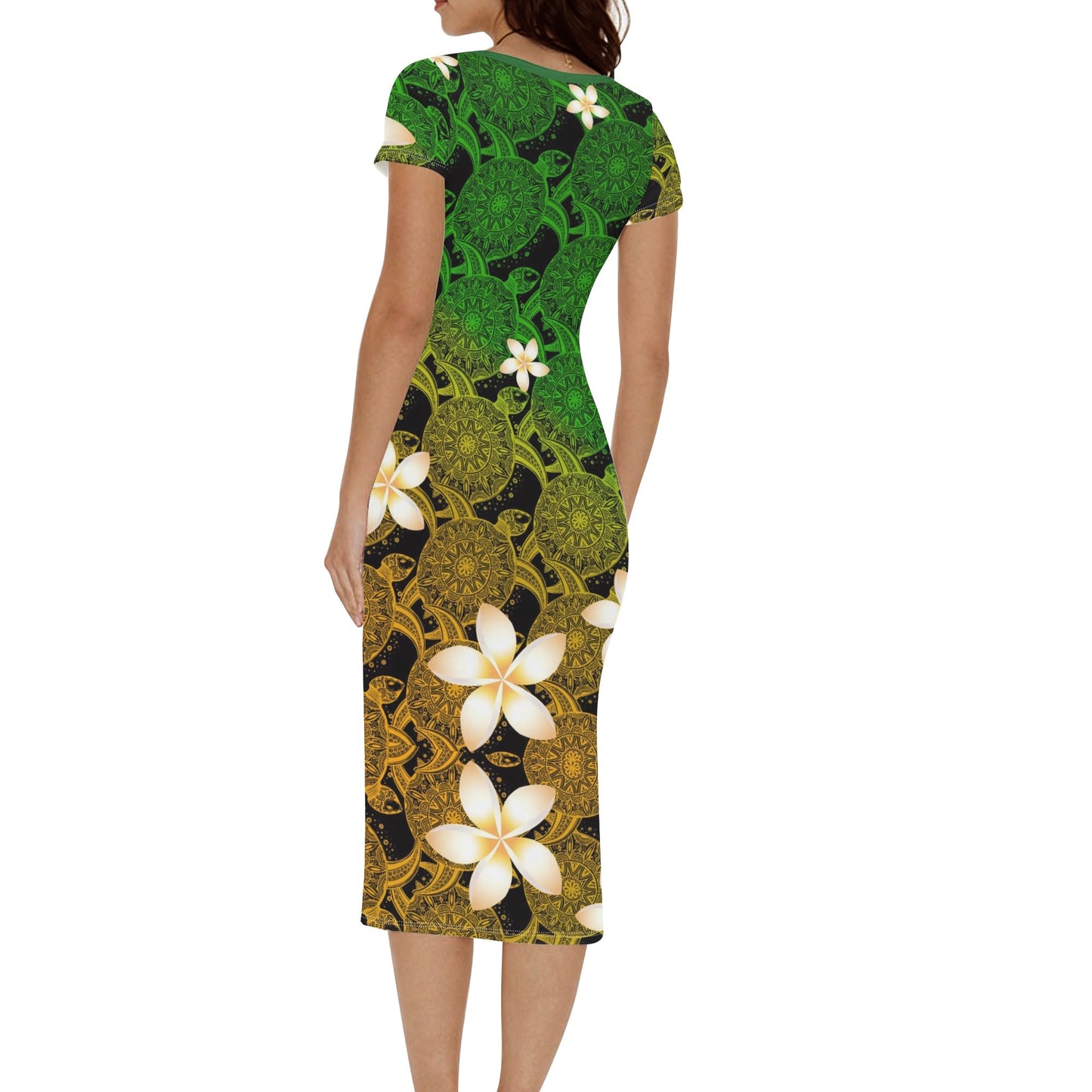 Green and Yellow Sea Short Sleeve Casual Long Dresses