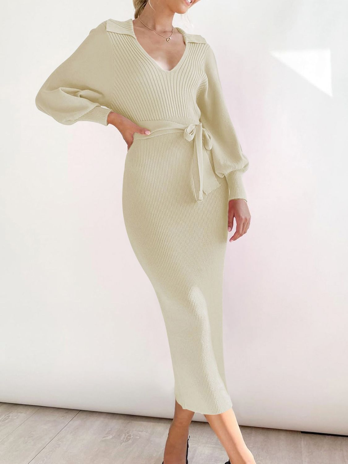 Perfee Tied Long Sleeve Wrap Sweater Dress