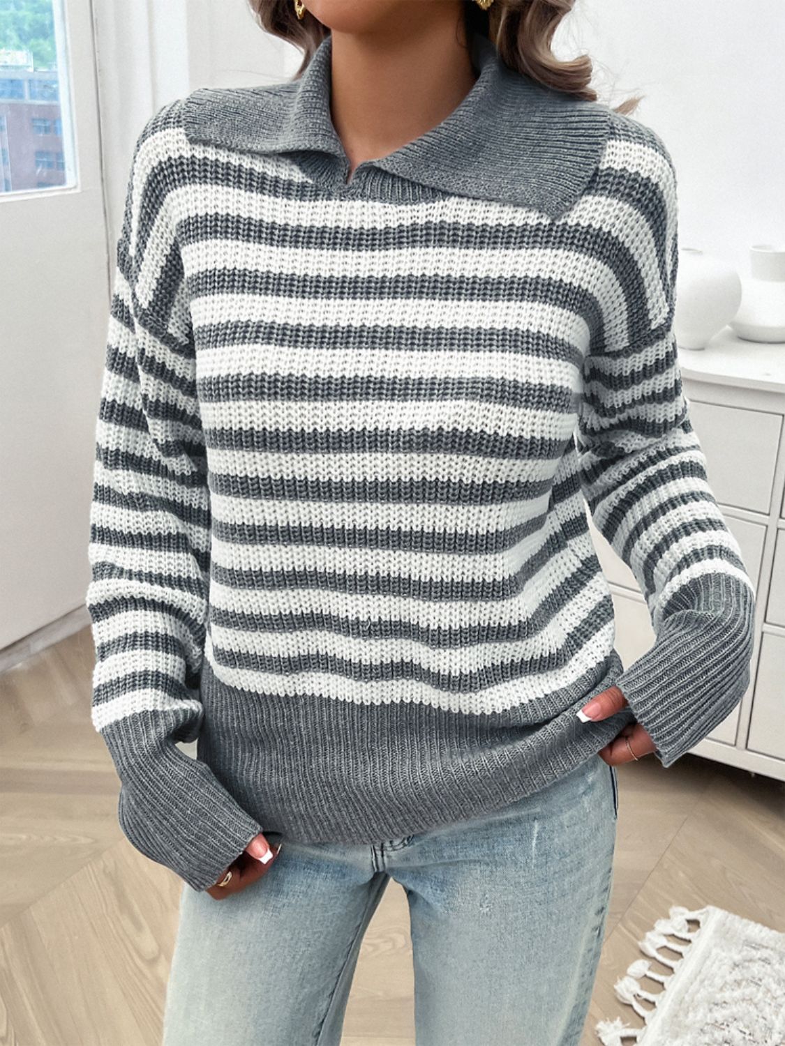 Devine Striped Collared Neck Long Sleeve Sweater