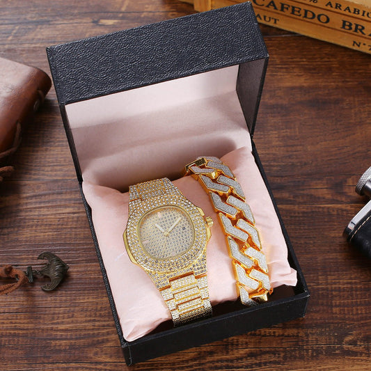 3pcs/Set Rhinestone Cuban Chain Bracelet Watch Bling Crystal Cubic Zirconia CZ Bracelet Watch Set Jewelry T4x Quadruple Love
