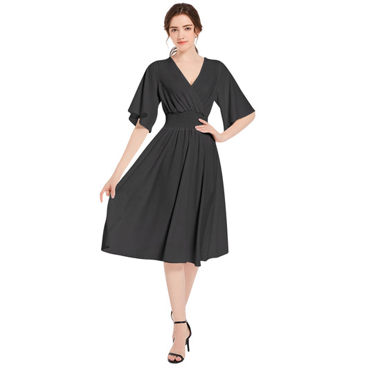 T4x Butterfly Sleeve Black Shirred High Waist Midi Dress