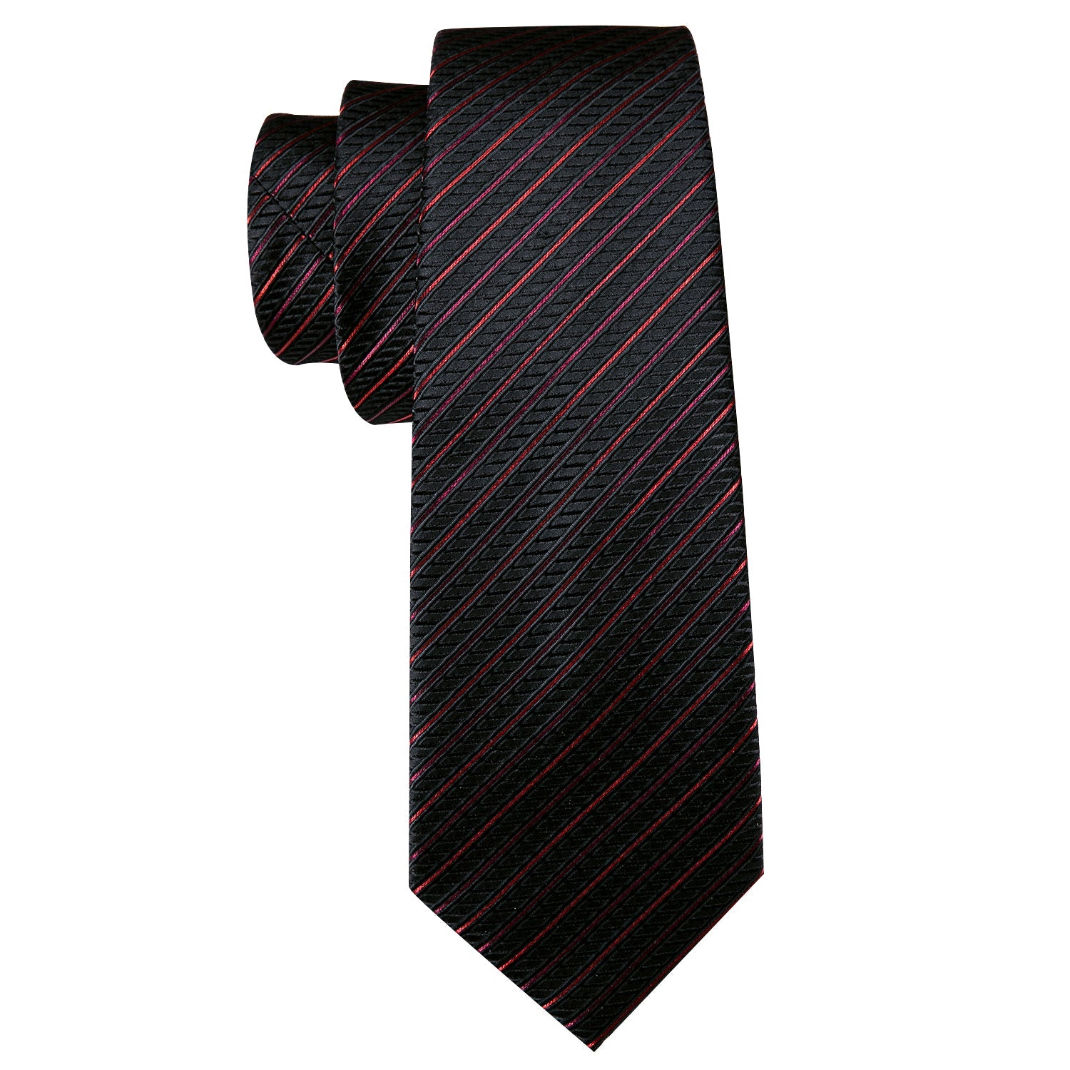 Black and Red Men Tie with Hanky Set Striped Silk - T4x Quadruple Love