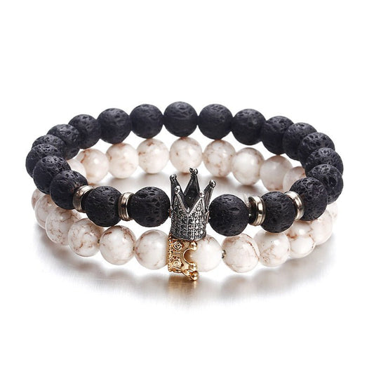 Black White Stone Crown Bracelets For Women Men Volcanic Couple Beads Cheap Bracelet Jewelry Custom - T4x Quadruple Love