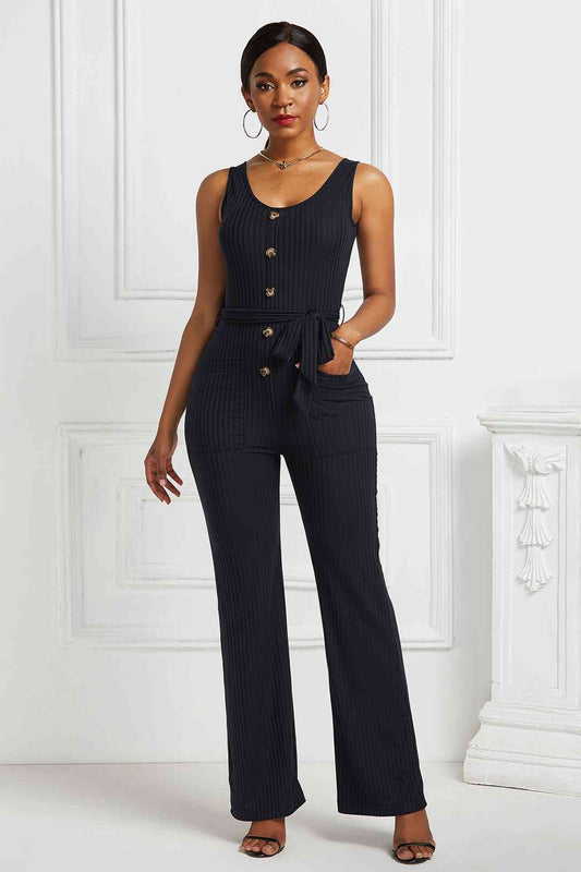 Button Detail Tie Waist Jumpsuit with Pockets - T4x Quadruple Love