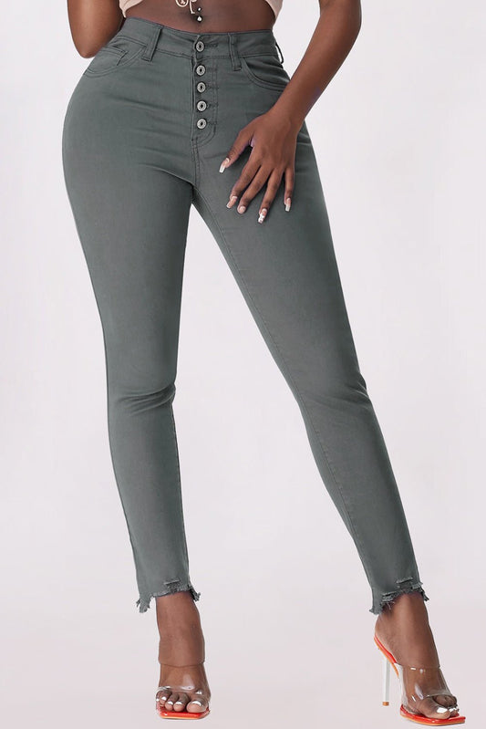 Button Fly Hem Detail Skinny Jeans - T4x Quadruple Love