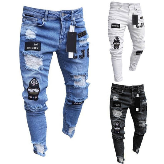Custom Embroidered Jeans Tapered Mens Scratch Pants Fit Slim Skinny Jeans Men Biker Jeans - T4x Quadruple Love