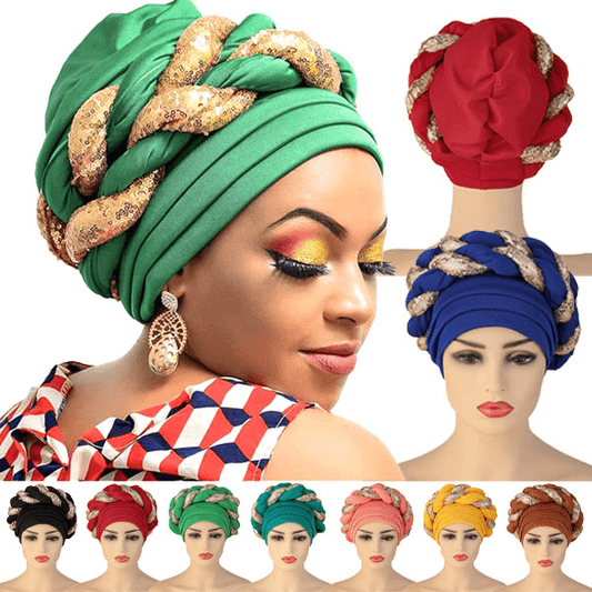 Hijab Headscarf Big Sequin Braid Head Wrap Turban Cap for Women - T4x Quadruple Love