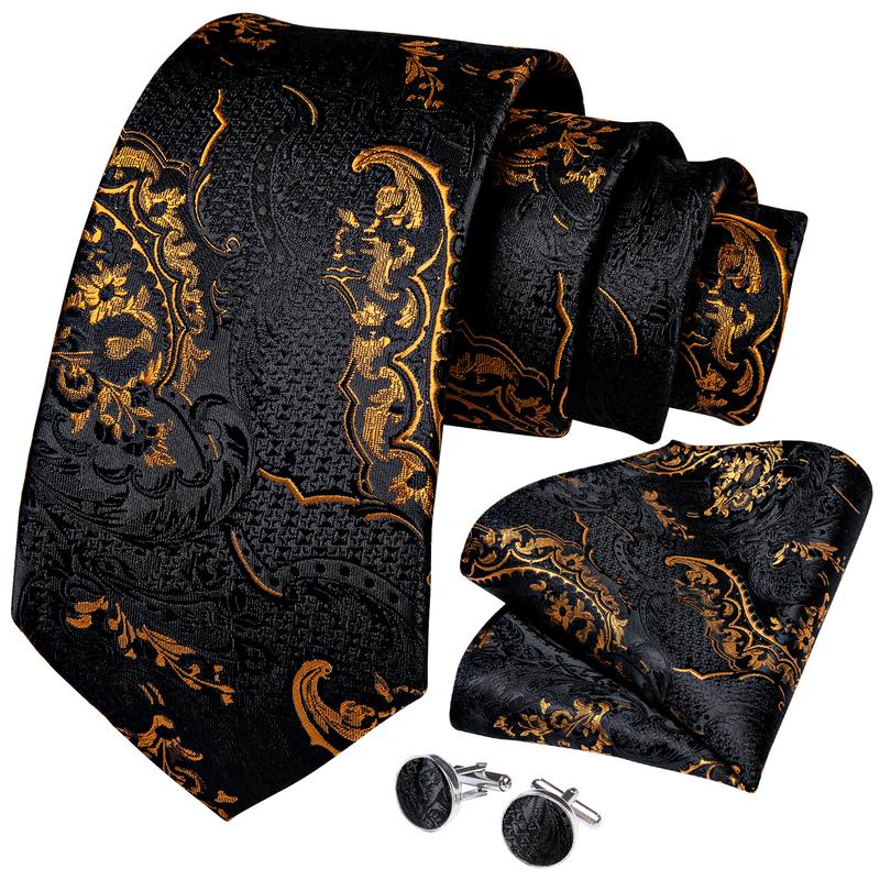 Jacquard Gold and Black Necktie Luxury Paisley Italian Silk Ties - T4x Quadruple Love