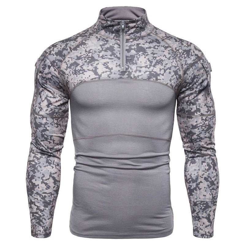 Men Outdoor 1/4 zip Full Long Sleeve Sports Hiking Camo Tee Army Military Tactical Assault Combat Shirts - T4x Quadruple Love