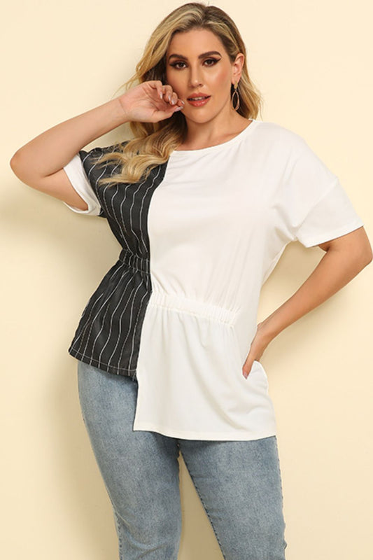 Plus Size Striped Color Block Asymmetrical T-Shirt - T4x Quadruple Love