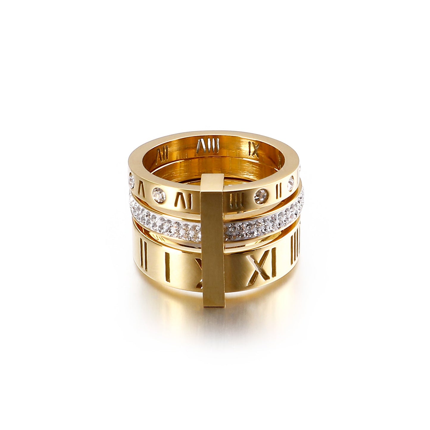 Roman Numerals Rings 18k Gold Plated Zircon Stainless Steel - T4x Quadruple Love