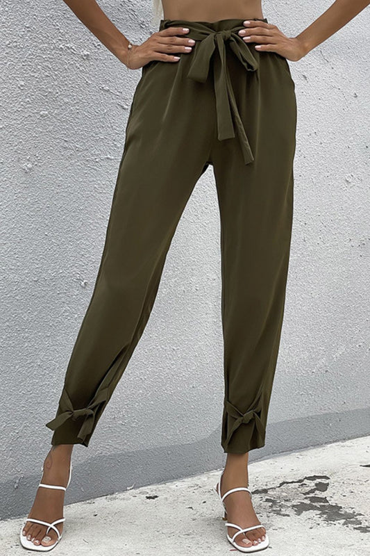 Tie Detail Belted Pants with Pockets - T4x Quadruple Love